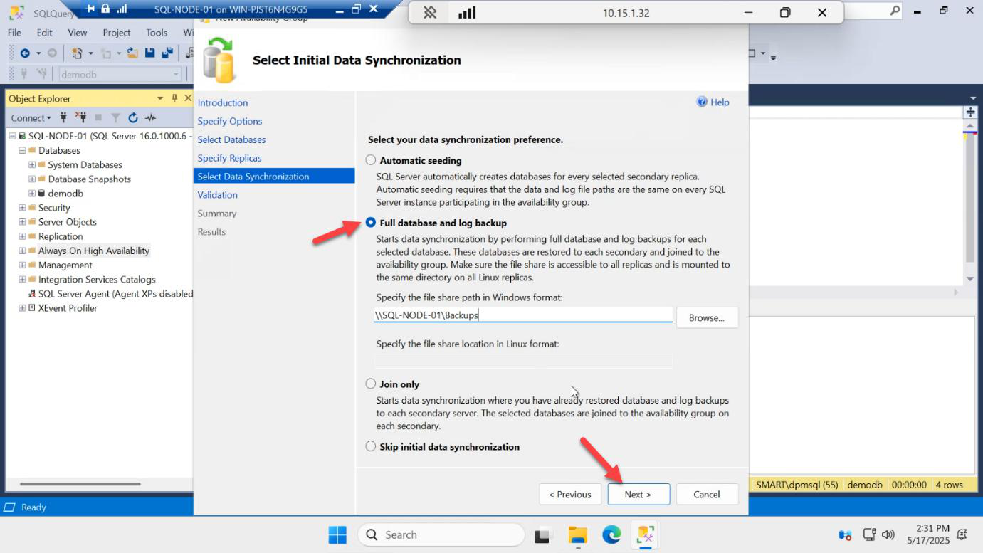 Select Initial Data Synchronization page with the Full database and log backup option selected and the backup share path entered