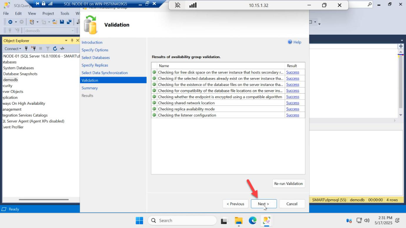 Validation page of the New Availability Group Wizard showing all checks passing with green status