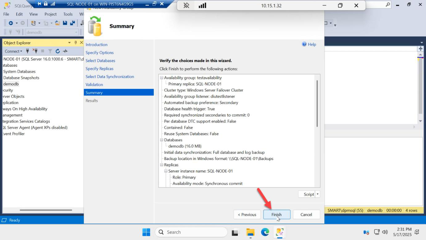 Summary page of the New Availability Group Wizard with Finish button clicked to begin AG creation