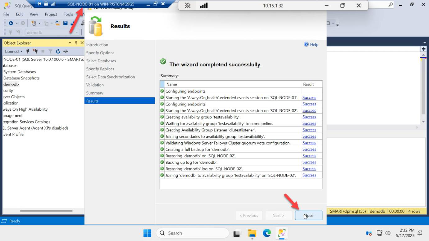 Results page of the New Availability Group Wizard with all steps showing Success and Close button visible