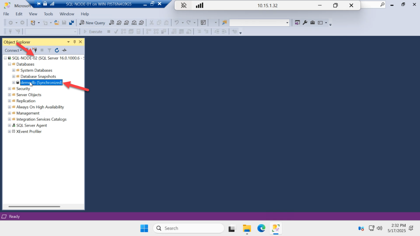 SSMS Object Explorer connected to SQL-NODE-02 from SQL-NODE-01 with demodb shown in Synchronized status under Always On