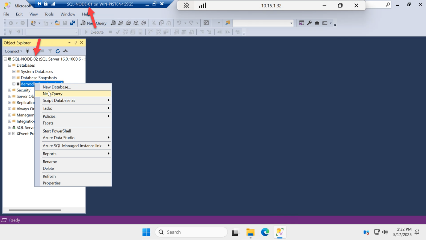 Right-click context menu on demodb on the SQL-NODE-02 secondary replica with the New Query option being selected
