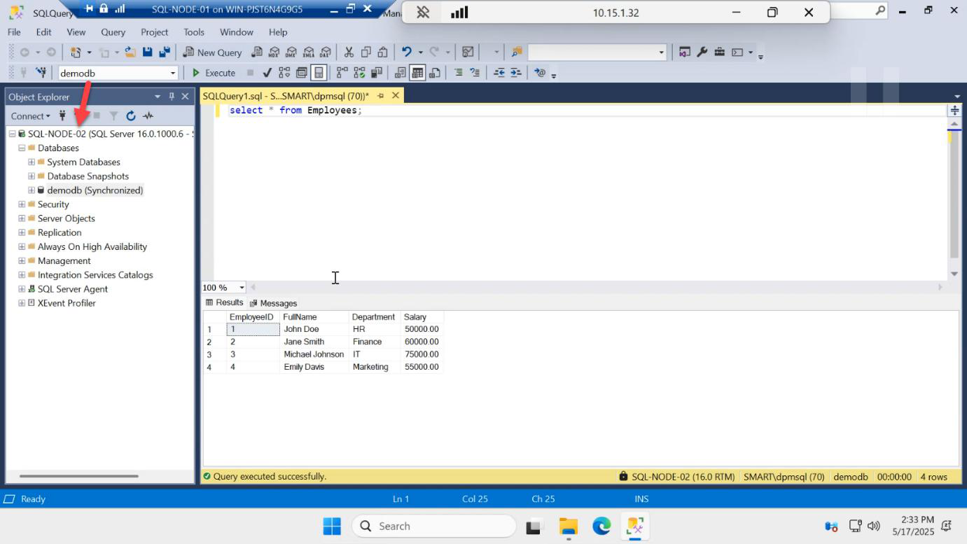 New Query window on the secondary replica successfully running a SELECT against demodb proving readable secondary works on Evaluation edition