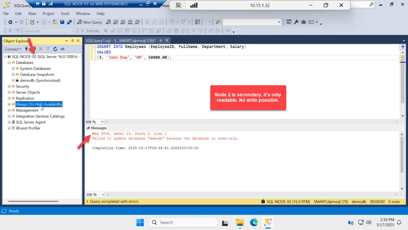 New Query window attempting an INSERT against demodb on the SQL-NODE-02 secondary returning a read only failed update error