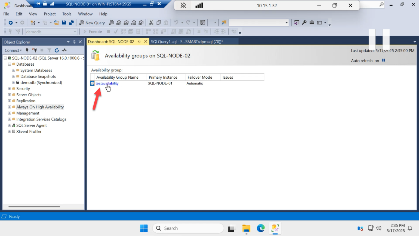 AG Dashboard with the AG-DEMO availability group name being clicked to drill into replica health details