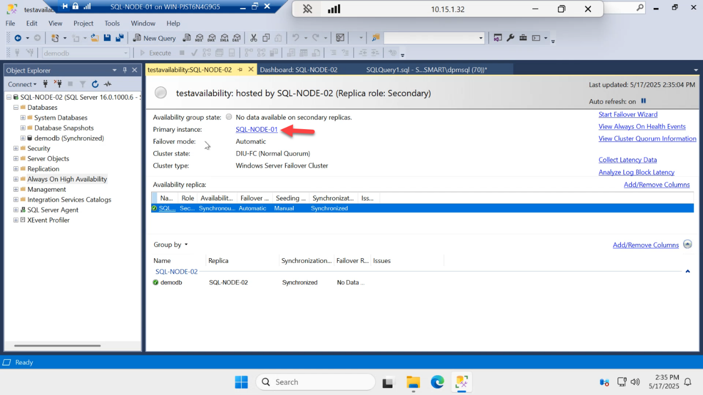 AG Dashboard detail view confirming SQL-NODE-01 is the current Primary instance with health Healthy