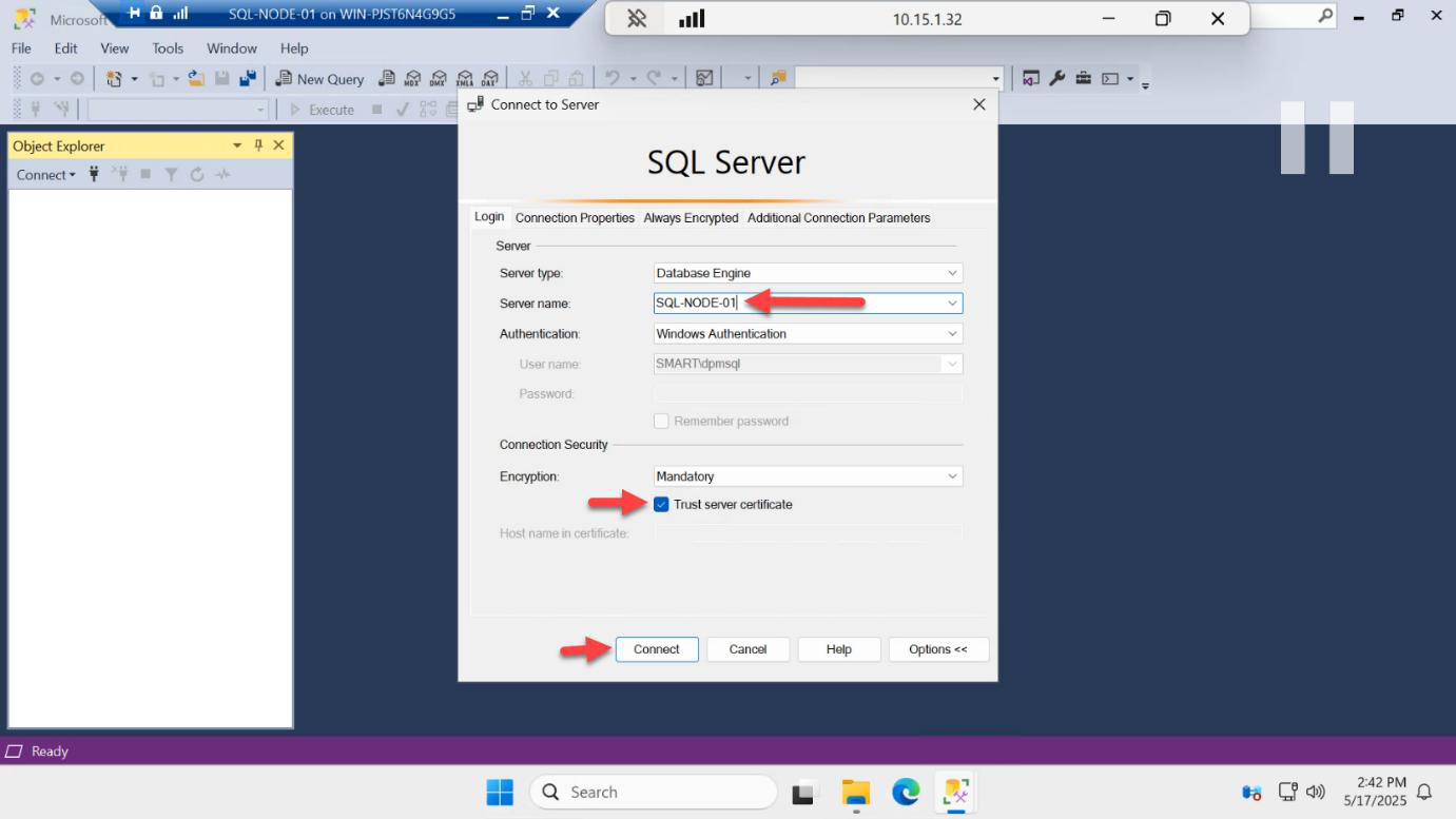 Connect to Server dialog with SQL-NODE-01 being selected as the database engine to connect to