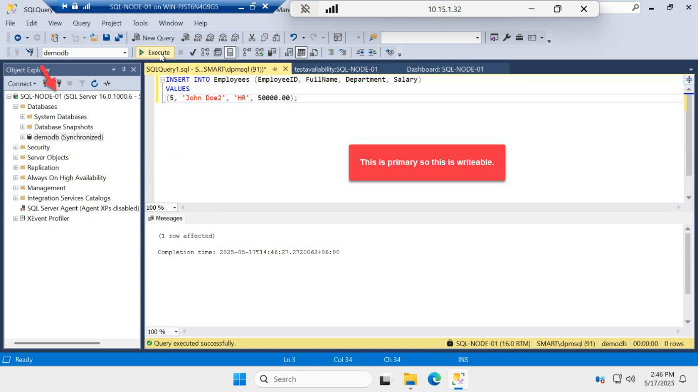 New Query window on the primary instance successfully running an INSERT against demodb proving writes are accepted on primary