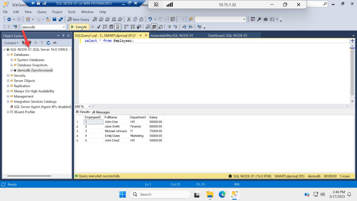 New Query window on the primary instance running a SELECT confirming the newly inserted rows are visible
