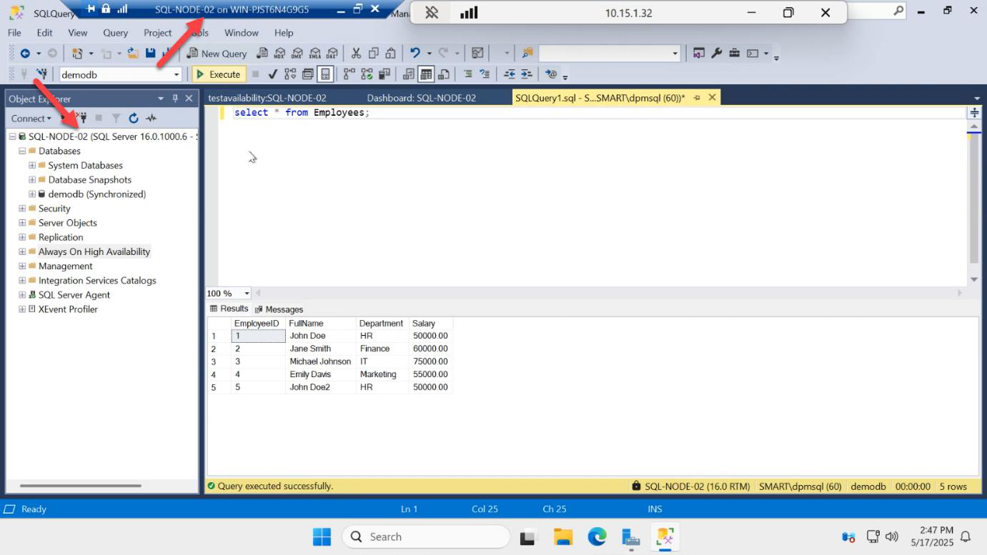 SSMS on SQL-NODE-02 reading the same rows from demodb confirming the new data has replicated to the secondary