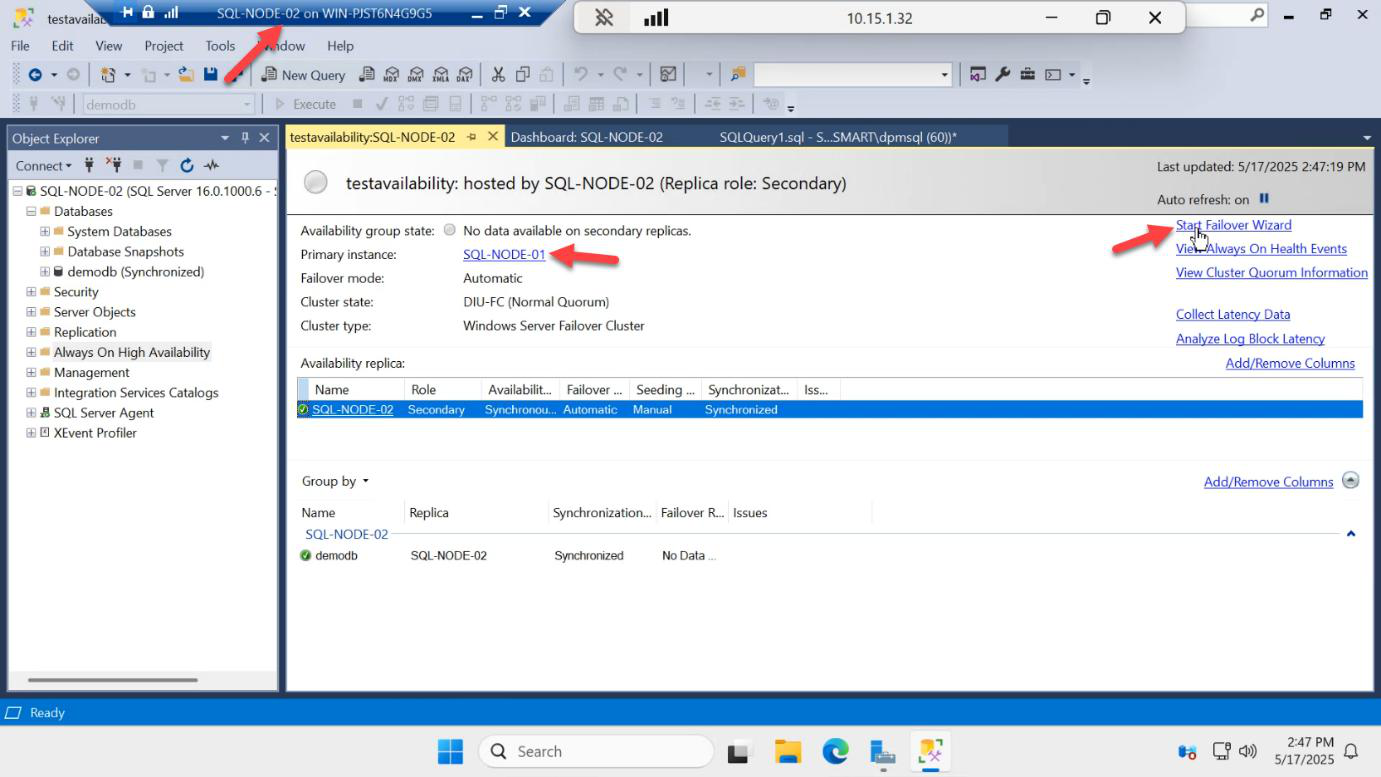 On SQL-NODE-02 the Start Failover Wizard option being clicked from the AG-DEMO availability group context menu
