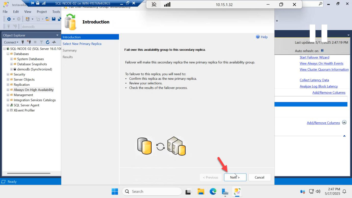 Failover Wizard introduction page on SQL-NODE-02 with Next button highlighted