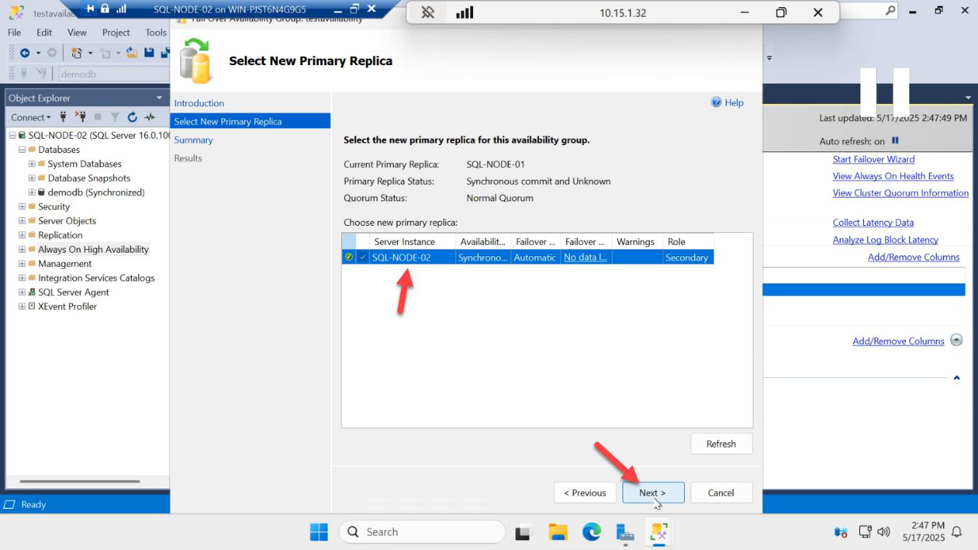 Select New Primary Replica page with SQL-NODE-02 selected as the new primary instance for the manual failover