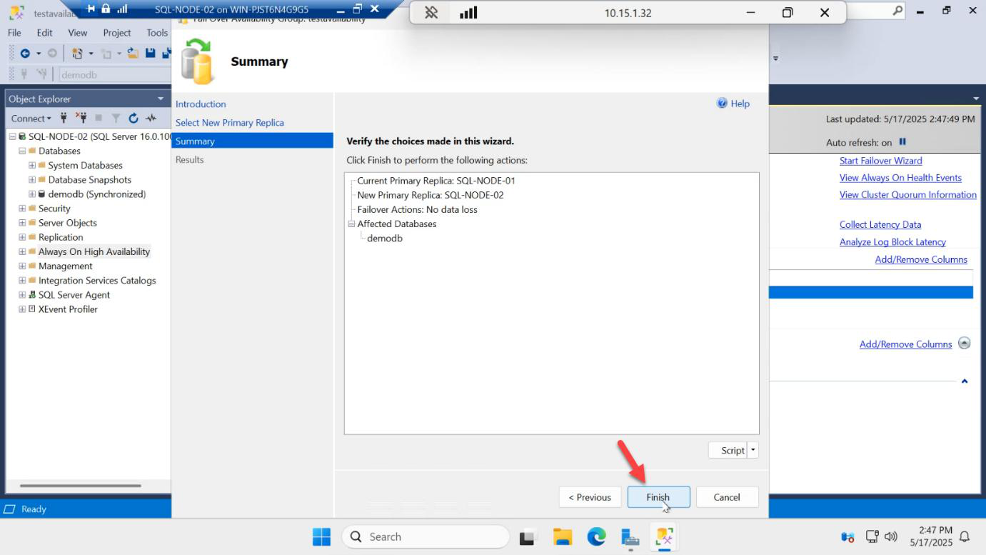 Connect to Replica step with the Connect button used to authenticate to SQL-NODE-02 before promoting it to primary