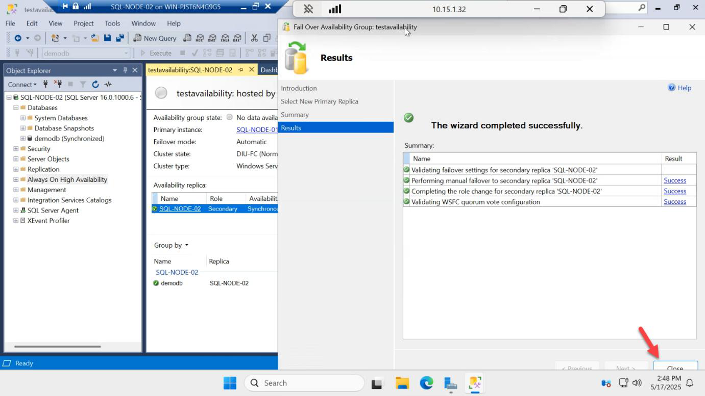 Summary page of the manual failover wizard with the Finish button about to be clicked to commit the role swap