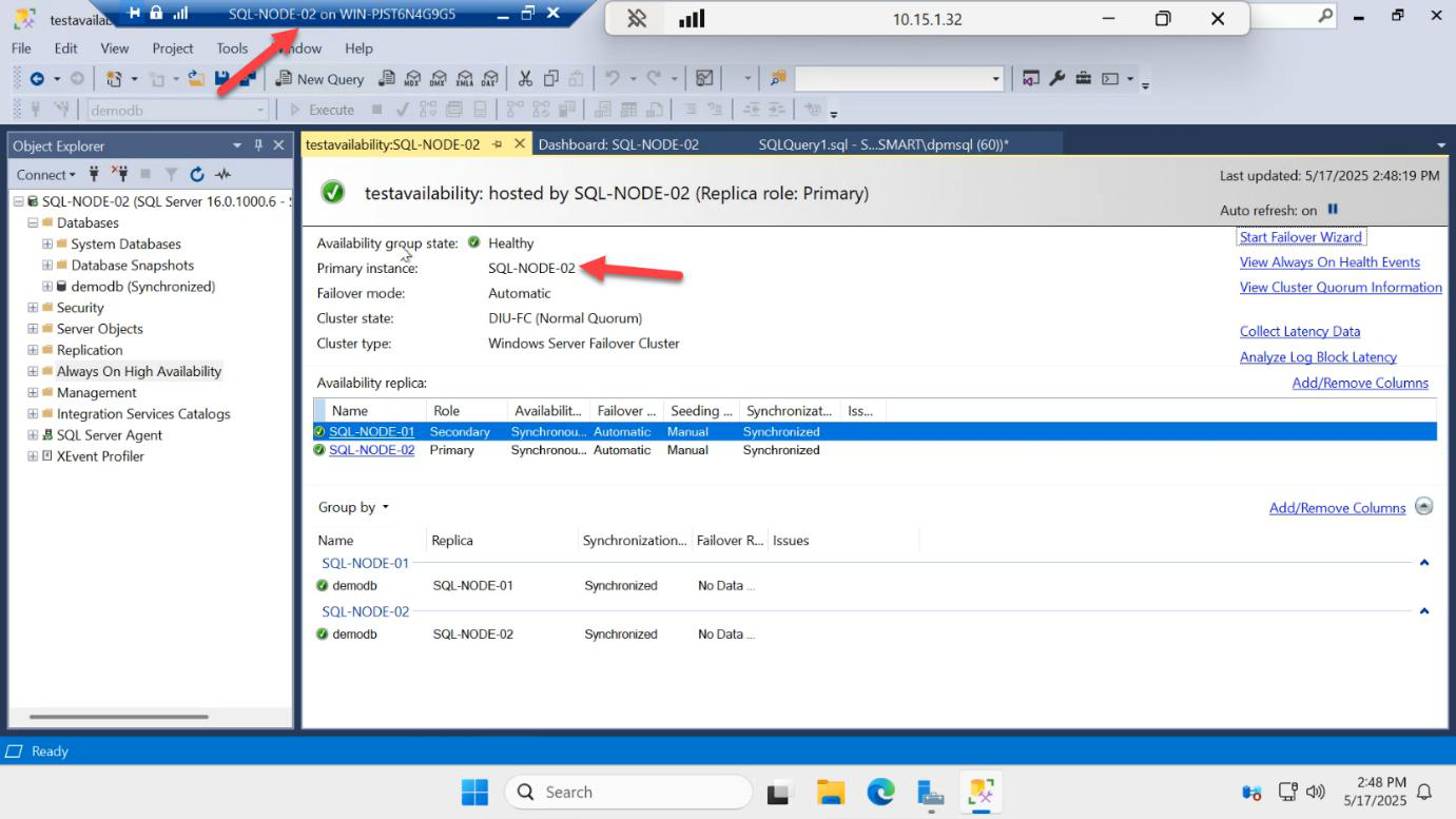 Results page on SQL-NODE-02 showing the failover succeeded and SQL-NODE-02 is now the new primary instance