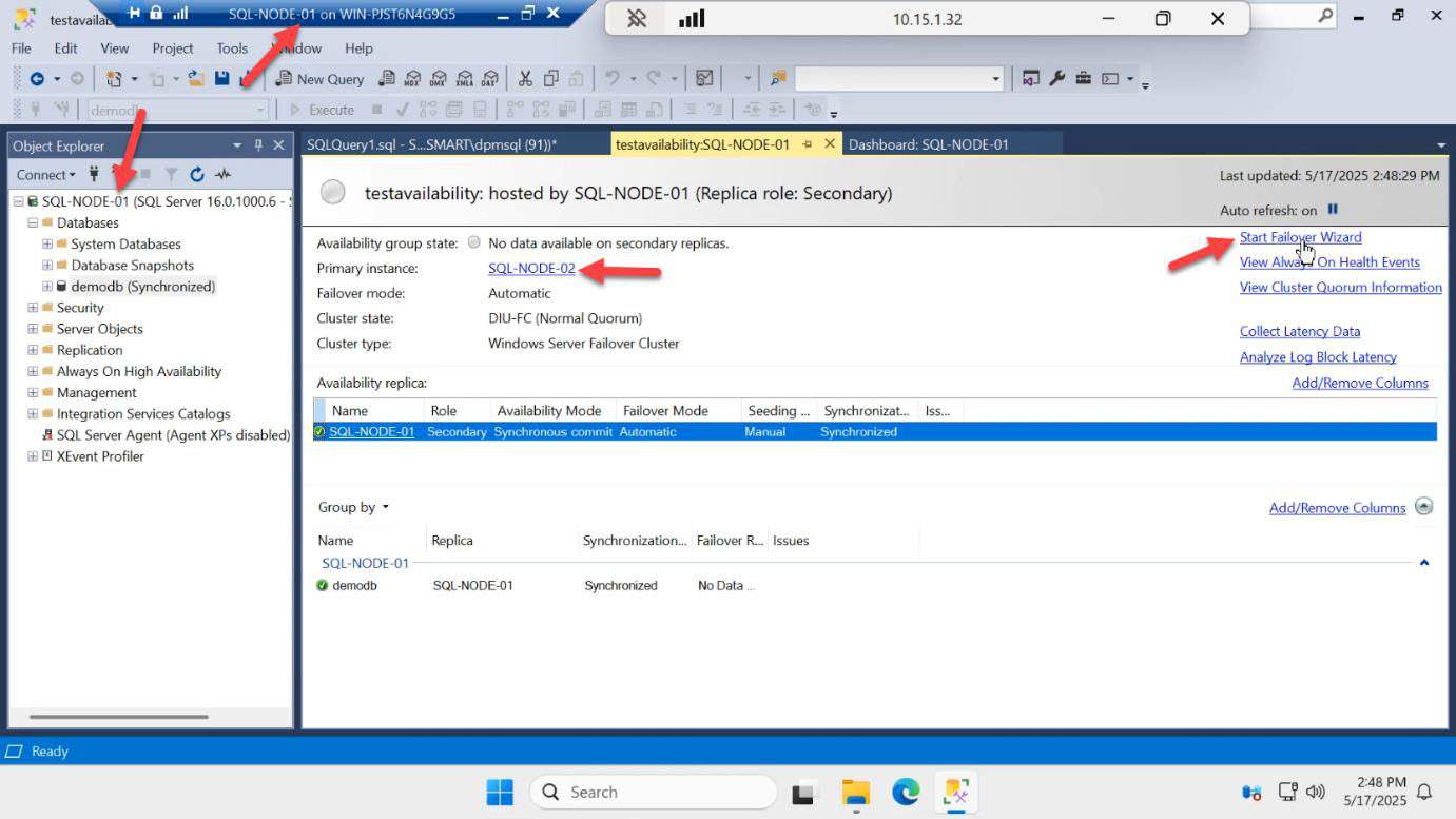 Now on SQL-NODE-01 the Start Failover Wizard being launched again to swap primary back from SQL-NODE-02 to SQL-NODE-01