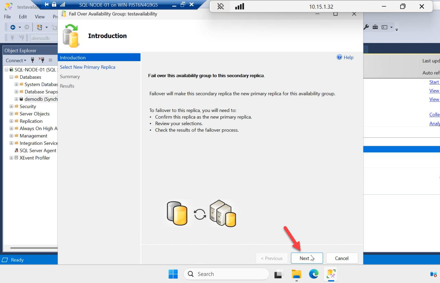 Failover Wizard introduction page on SQL-NODE-01 second iteration with Next button shown