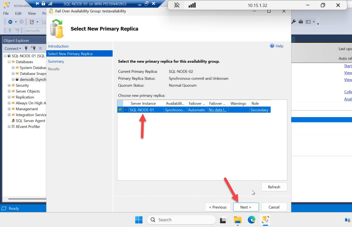 Select New Primary Replica page during the swap-back showing SQL-NODE-01 selected as the new primary