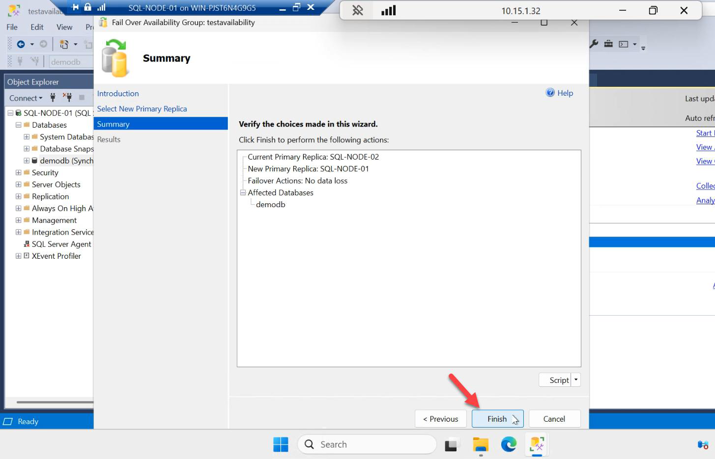 Summary page of the second failover wizard run with Finish about to be clicked to swap primary back