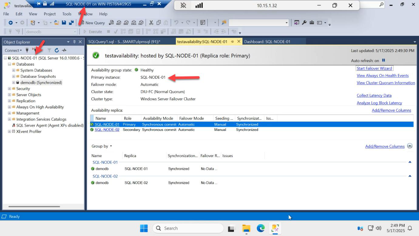 AG dashboard on SQL-NODE-01 confirming the new primary instance is now SQL-NODE-01 after manual failover round trip