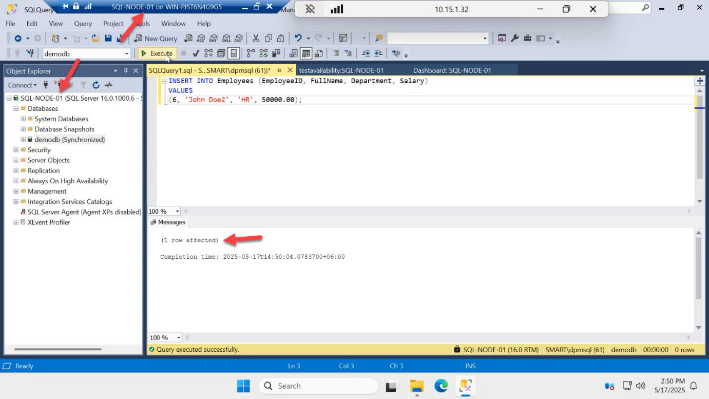 New Query window on the SQL-NODE-01 primary running an INSERT against demodb to confirm writes work after failover