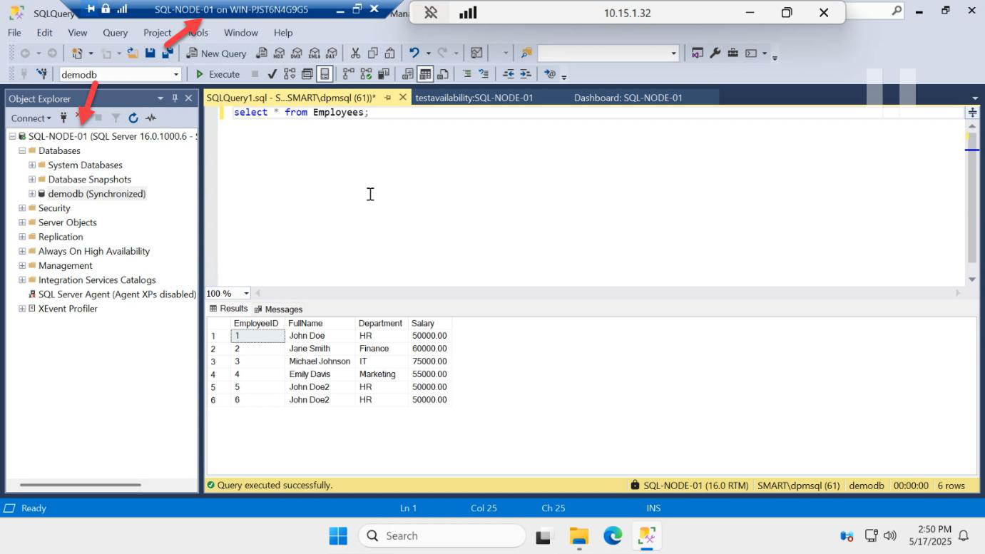 New Query window on SQL-NODE-01 running a SELECT to view the rows including the newly inserted data