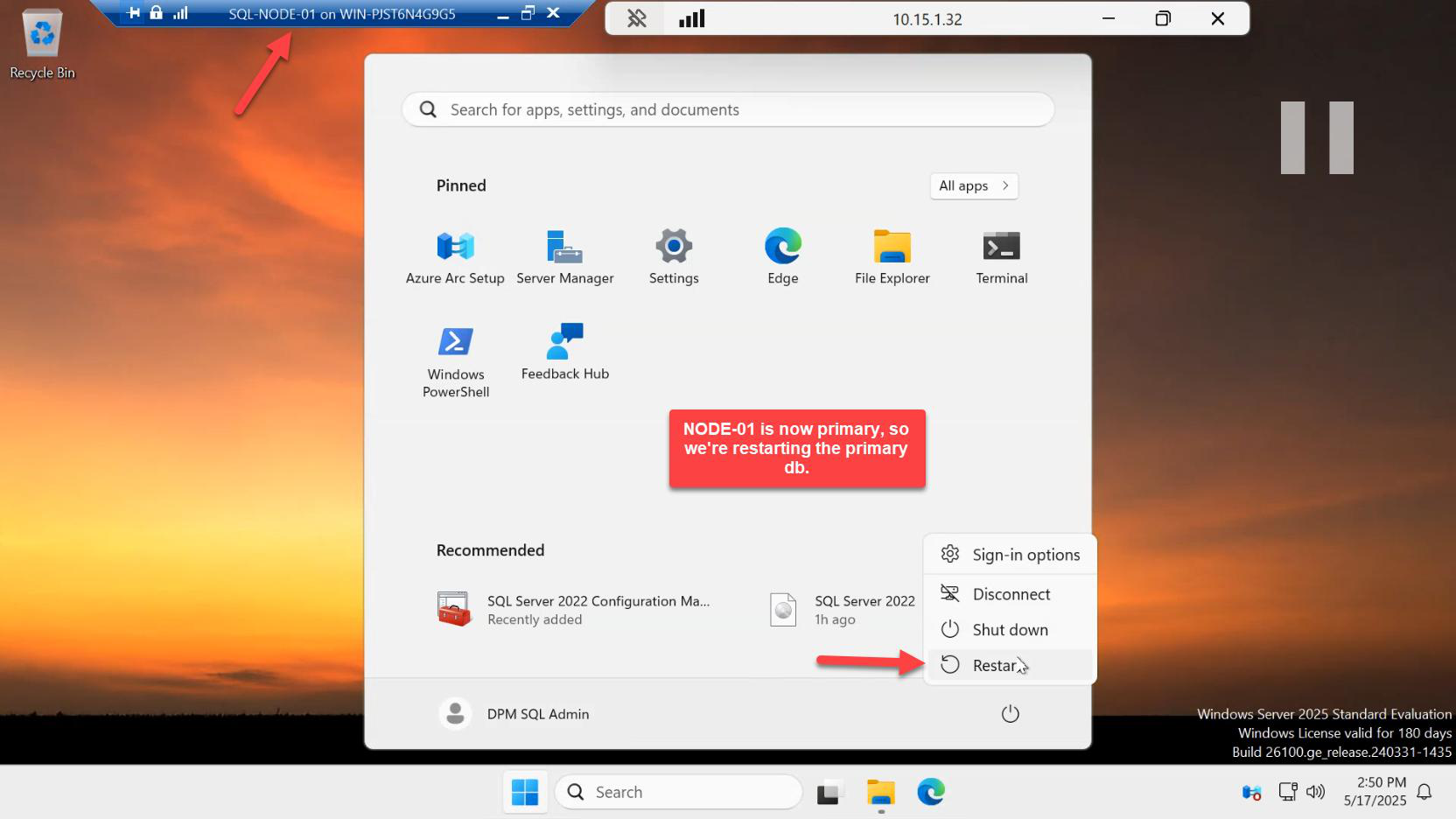 Hyper-V Manager being used to restart the SQL-NODE-01 primary virtual machine for failover behavior testing