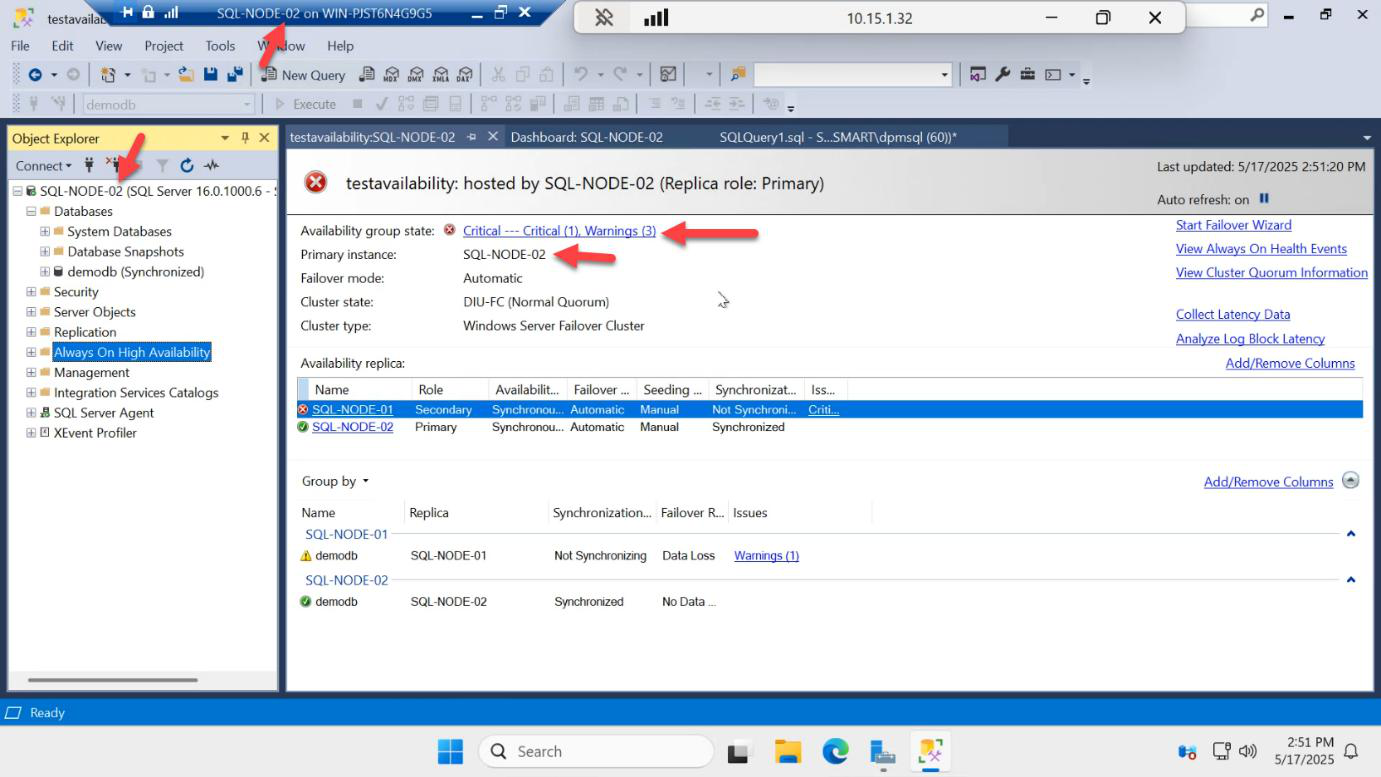 SSMS on SQL-NODE-02 showing a connection error to SQL-NODE-01 then automatic failover with NODE-02 promoted to primary