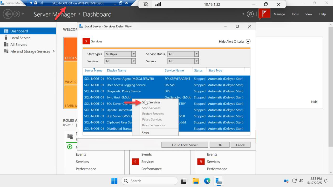 After SQL-NODE-01 finishes restarting all SQL services started successfully on the rebooted node
