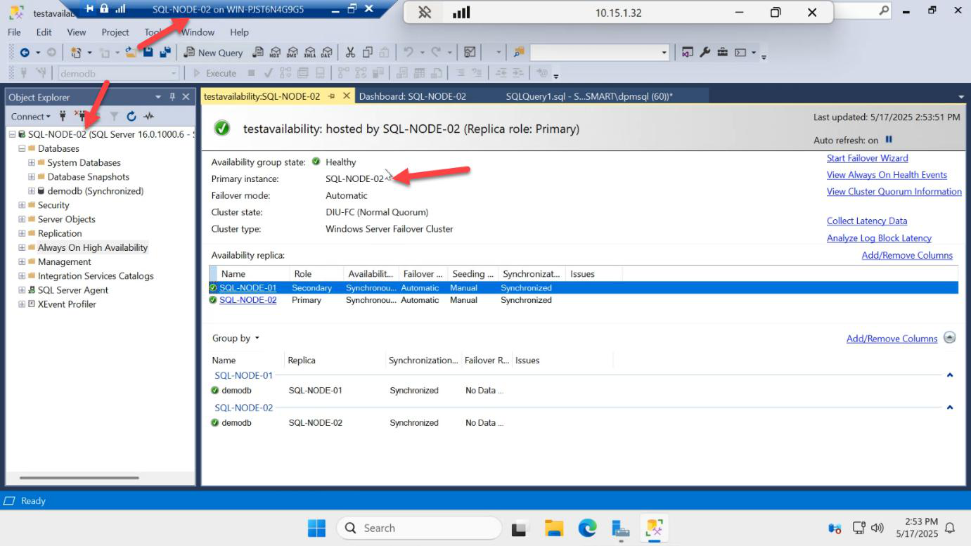 AG dashboard view confirming SQL-NODE-02 remains primary even after SQL-NODE-01 has restarted and rejoined as secondary