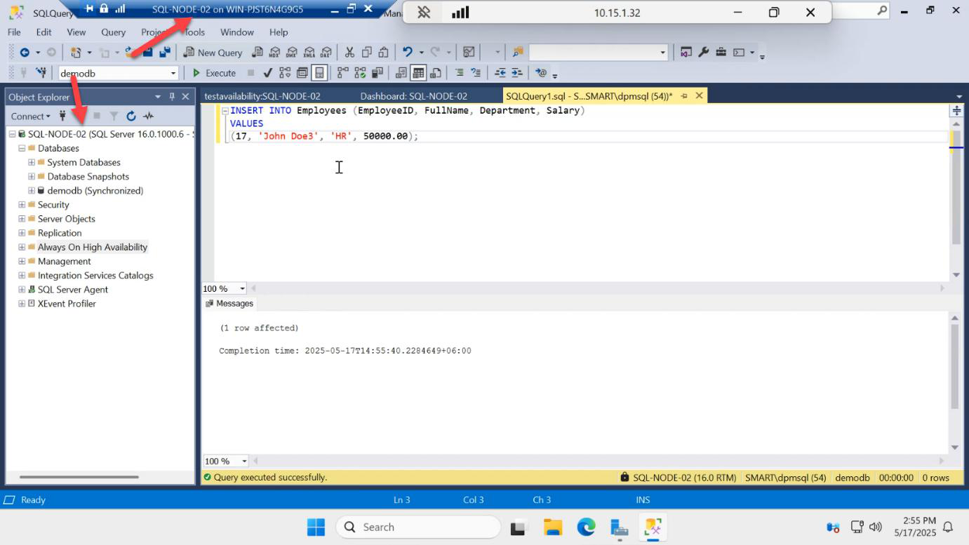 New Query on SQL-NODE-02 running an INSERT against demodb proving writes succeed on the new primary