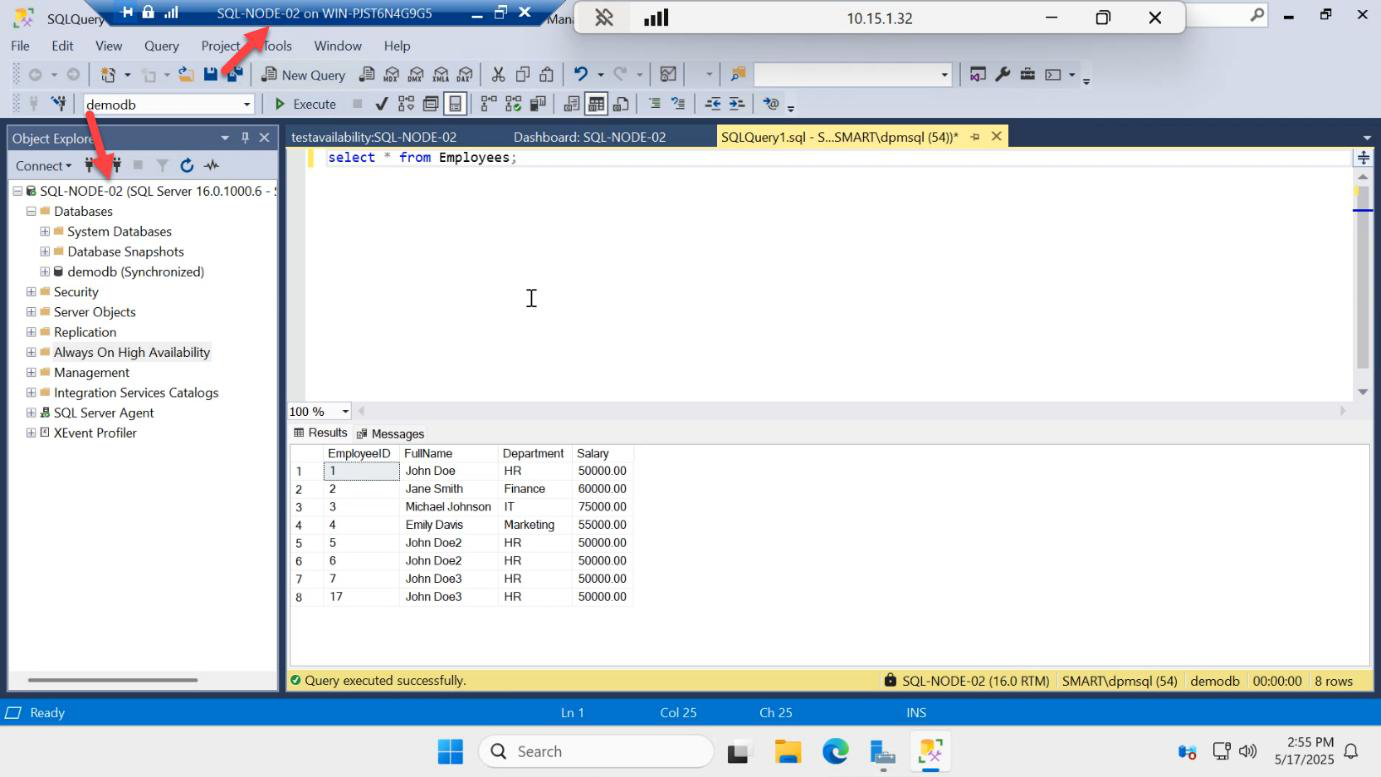 New Query on SQL-NODE-02 running a SELECT to confirm the inserted rows are visible