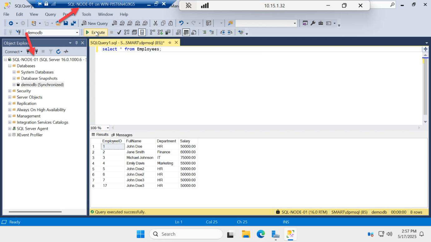 New Query on SQL-NODE-01 secondary running a SELECT to confirm the latest rows have replicated to the readable secondary
