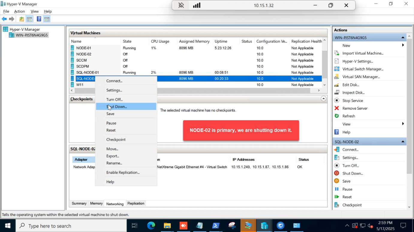 Hyper-V Manager being used to fully shut down the SQL-NODE-02 primary virtual machine to trigger automatic failover