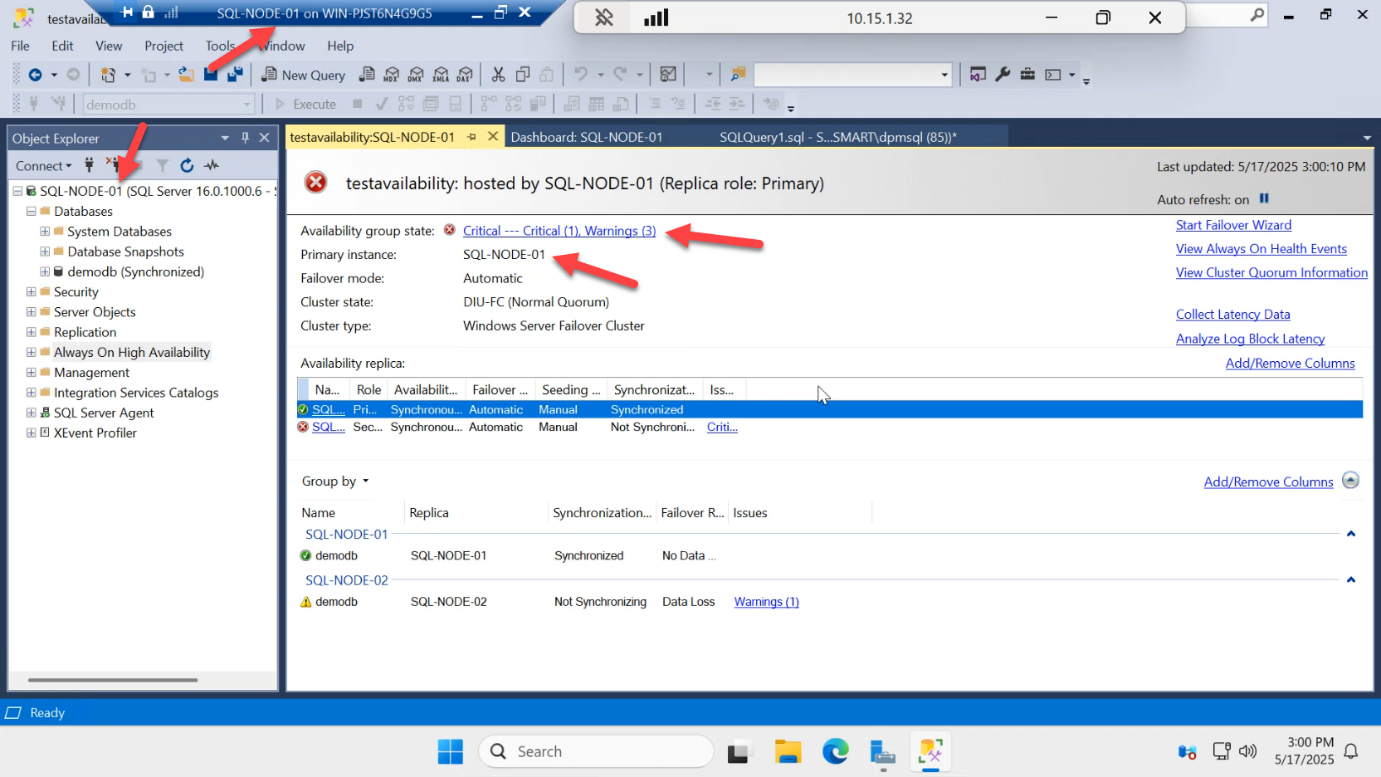 AG dashboard or SSMS on SQL-NODE-01 showing automatic promotion to primary after the SQL-NODE-02 shutdown
