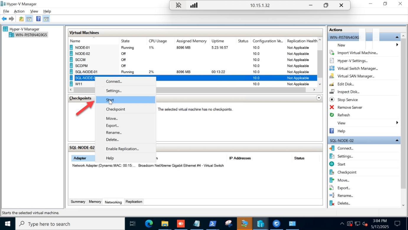 Hyper-V Manager being used to start the SQL-NODE-02 virtual machine back up after the shutdown failover test