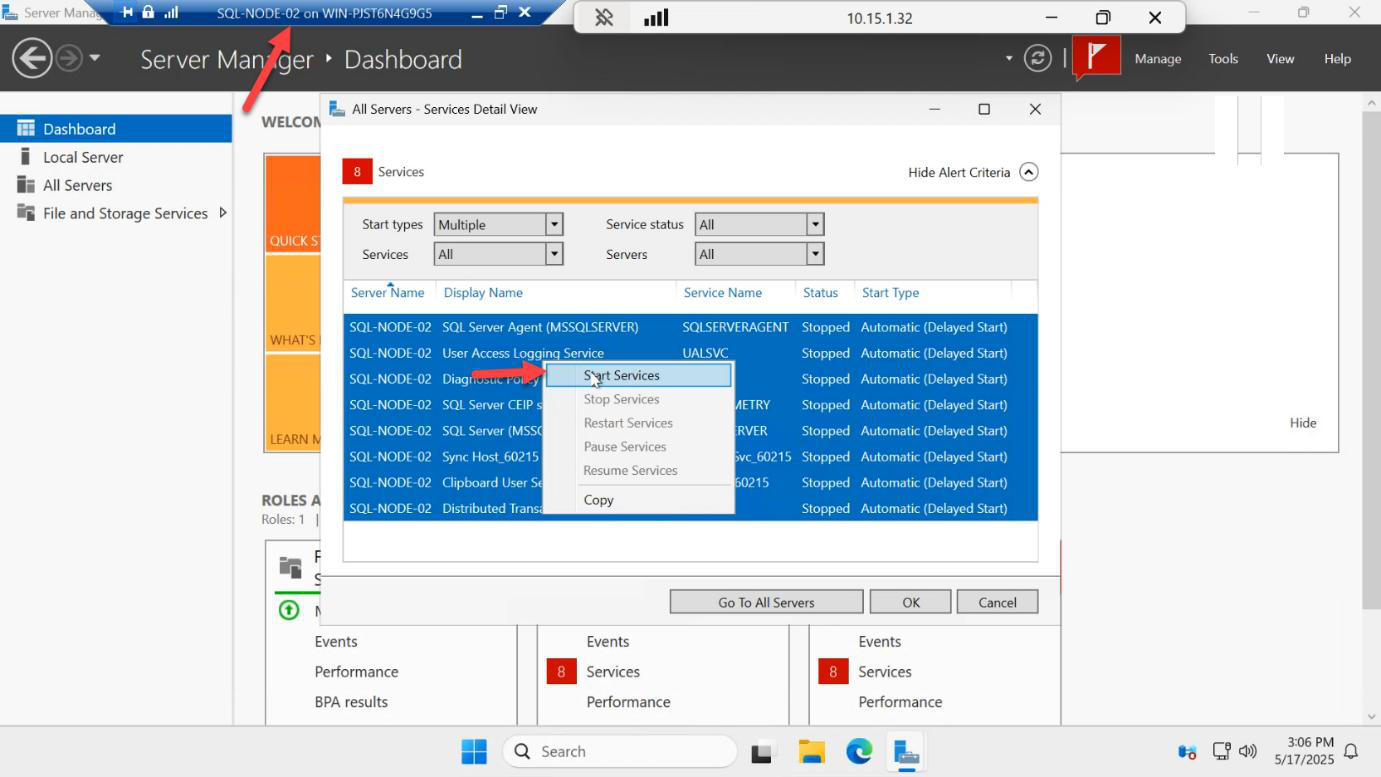 SQL services on SQL-NODE-02 starting up after the VM has booted back into the running state