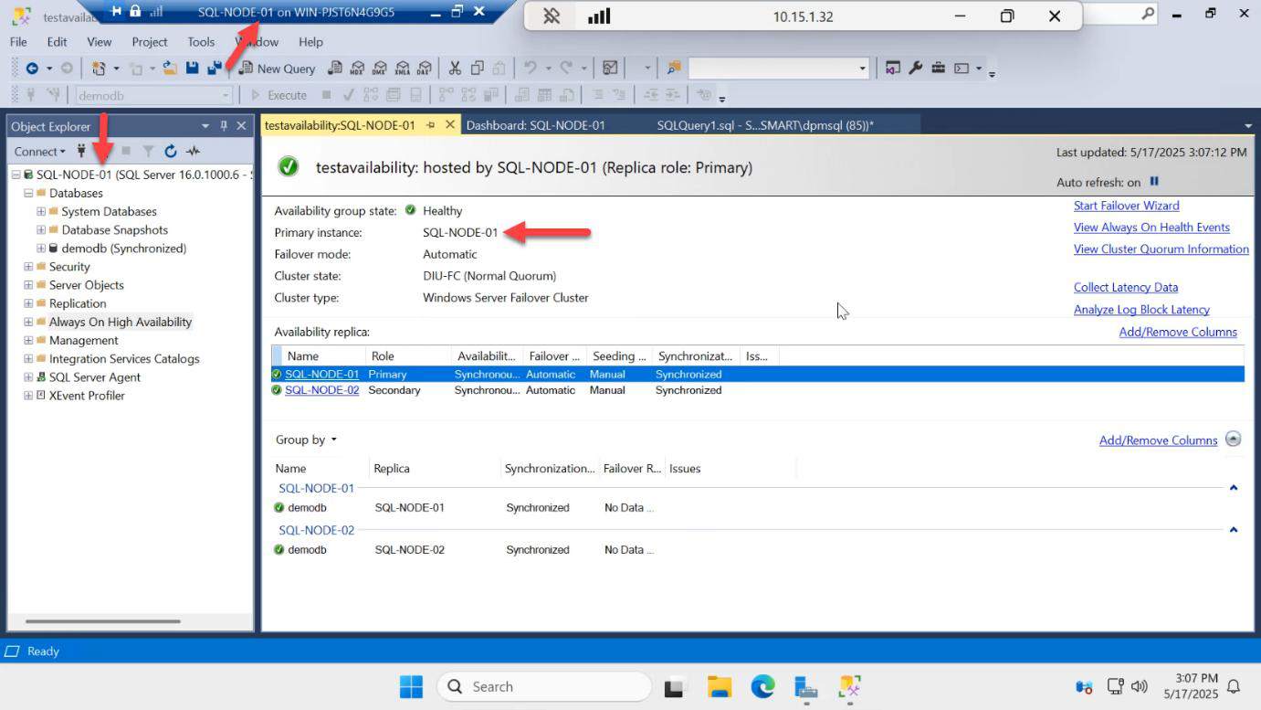 AG dashboard confirming SQL-NODE-01 is still primary even after SQL-NODE-02 has rejoined the cluster as secondary