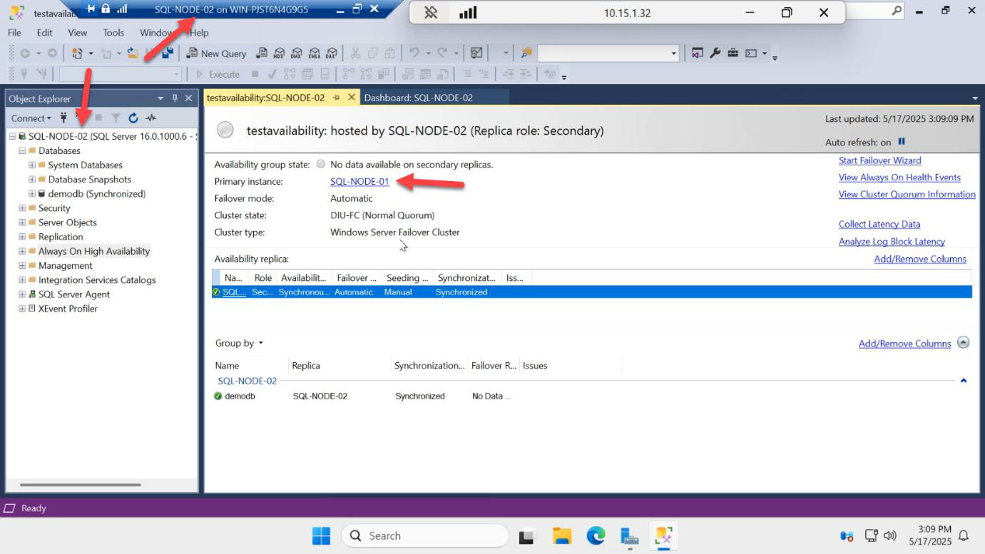 On SQL-NODE-02 SSMS confirming SQL-NODE-01 is the primary instance from the secondary perspective end of failover testing