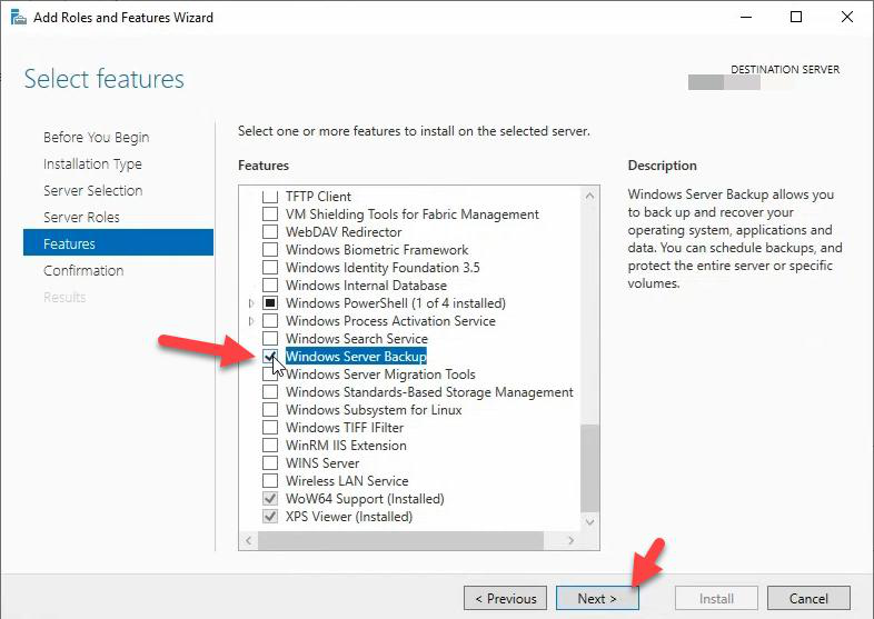 Server Manager Add Roles and Features wizard with Windows Server Backup feature checkbox selected