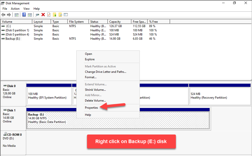 Disk Properties dialog opened from File Explorer right click for the backup target disk