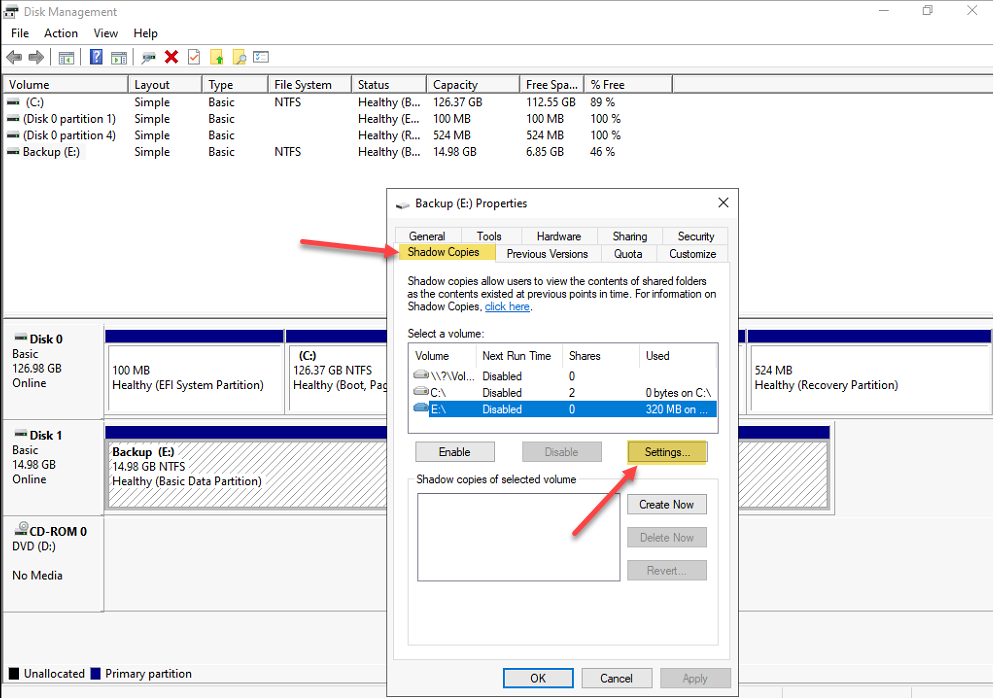 Disk Properties Shadow Copies tab with the Settings button highlighted