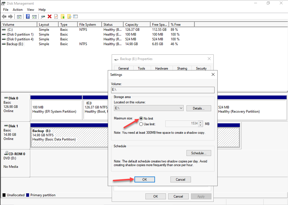 Shadow Copies Settings dialog with No limit option selected for maximum size
