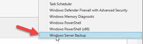 Server Manager Tools menu open with Windows Server Backup option highlighted