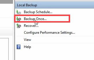 Windows Server Backup console with Local Backup selected and Backup Once action available in the right pane