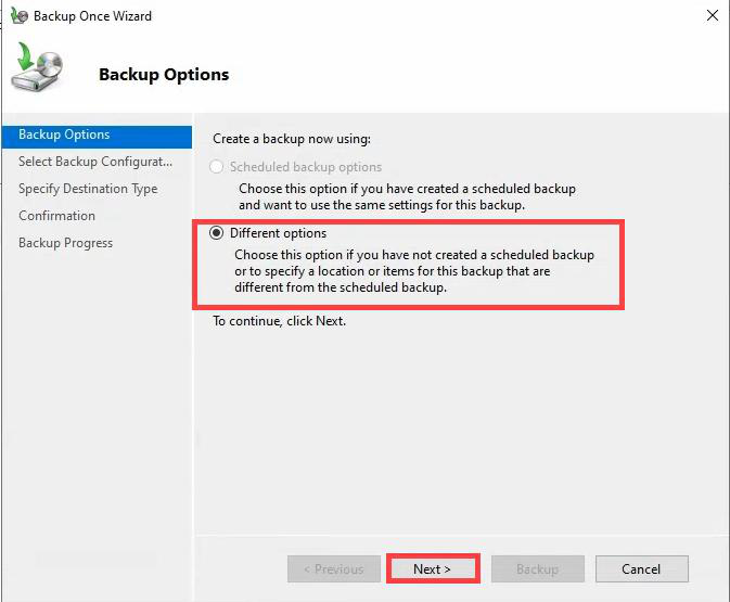Backup Once Wizard Backup Options page with Different options radio button selected