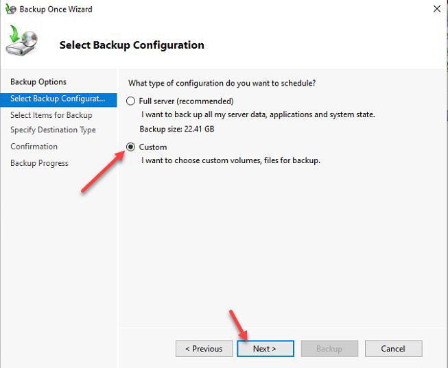 Backup Once Wizard Select Backup Configuration page with Custom backup type selected