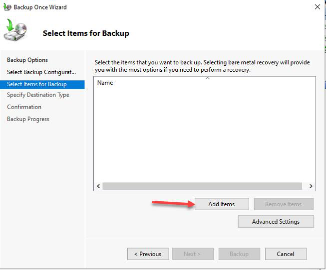 Select Items for Backup page with Add Items button visible and no items added yet