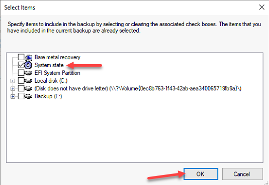 Select Items dialog with System state checkbox ticked to include AD database SYSVOL boot files registry